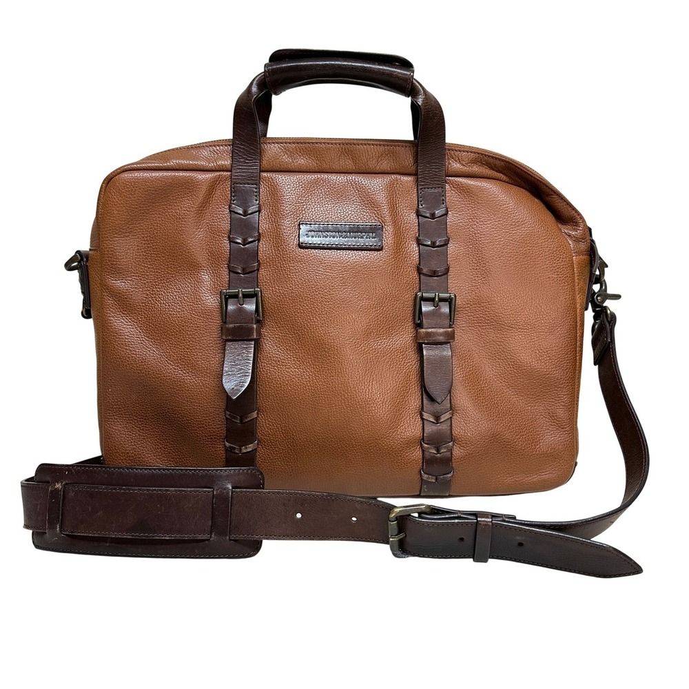 Johnston & Murphy‎ Mens Brown Leather Briefcase Laptop Messenger Bag Two Tone